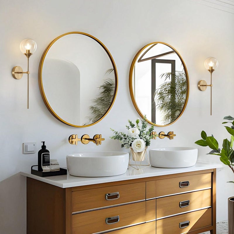 KCO Lighting Brushed Brass Gold Wall Mounted Sconce Mid Century Modern Wall Light Fixture Vintage Long Wall Lamp Amber Glass Wall Sconce Lighting Globe Round Wall Light (Amber) - Image 5